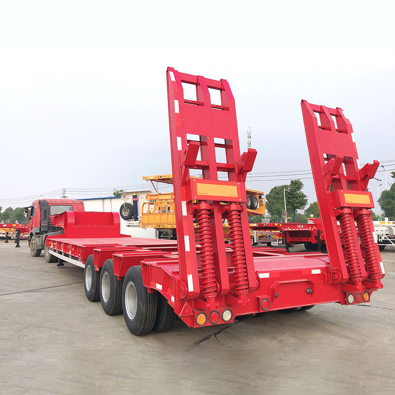CIMC 3 Axle LowBed Semi Trailer Truck Trailer Equipment Transport Hydraulic Lifting Low Boy Trailer FUWA Axle Heavy Dut การขนส่ง เครื่องขนยนต์ไฮดรอลิก