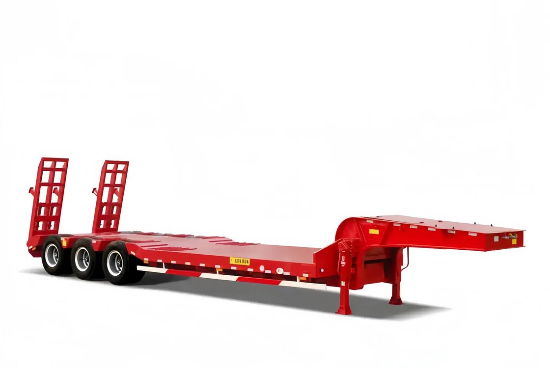 CIMC 3 Axle LowBed Semi Trailer Truck Trailer Equipment Transport Hydraulic Lifting Low Boy Trailer FUWA Axle Heavy Dut การขนส่ง เครื่องขนยนต์ไฮดรอลิก